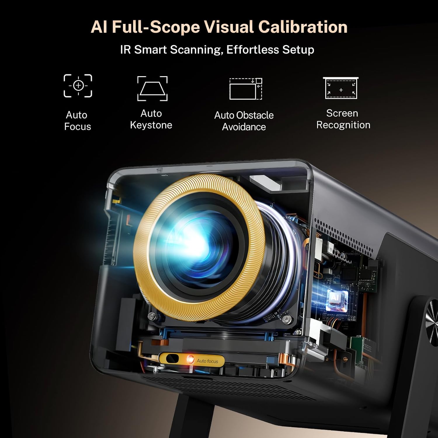 [2000 ANSI/AI Visual Calibration/4K Support] X7 Native 1080P Smart Projector with Android 14 OS, Portable Movie Projector for Bedroom & Outdoor, AI Auto Focus & Keystone Black & Slate Gray Gold