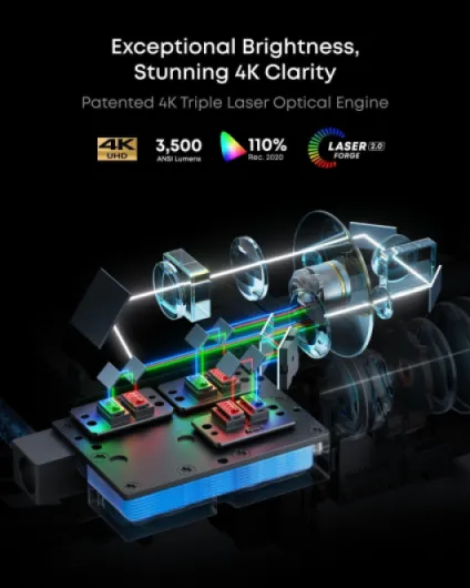 X1 Triple Laser 4K Projector, 3,500 ANSI Lumens, 56,000:1 Contrast, 40W Stereo Sound, 0.9-1.5 Optical Zoom, Smart AI, Dolby Vision, 300" Screen, Built-in Micro Gimbal, GTV, HDMI 2.1 & USB-C