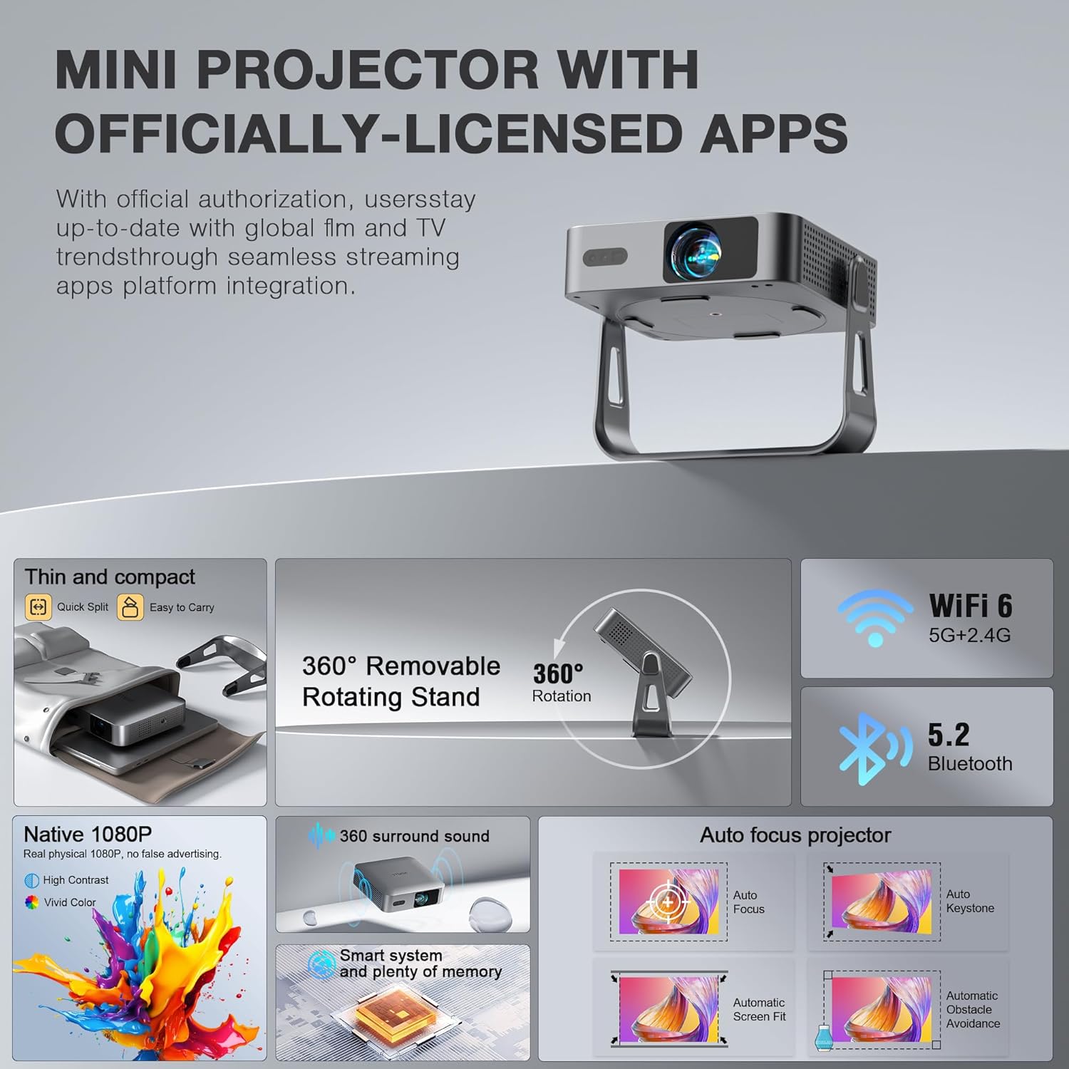 [Ultra-Thin & NetfIix Officially] Smart Mini Projector 4K, VISSPL Auto Focus & Keystone WiFi 6 & Bluetooth 30000 Lumen 1080P Full HD Portable Projector for Bedroom/Outdoor/Phone/iOS/Android(Silver)