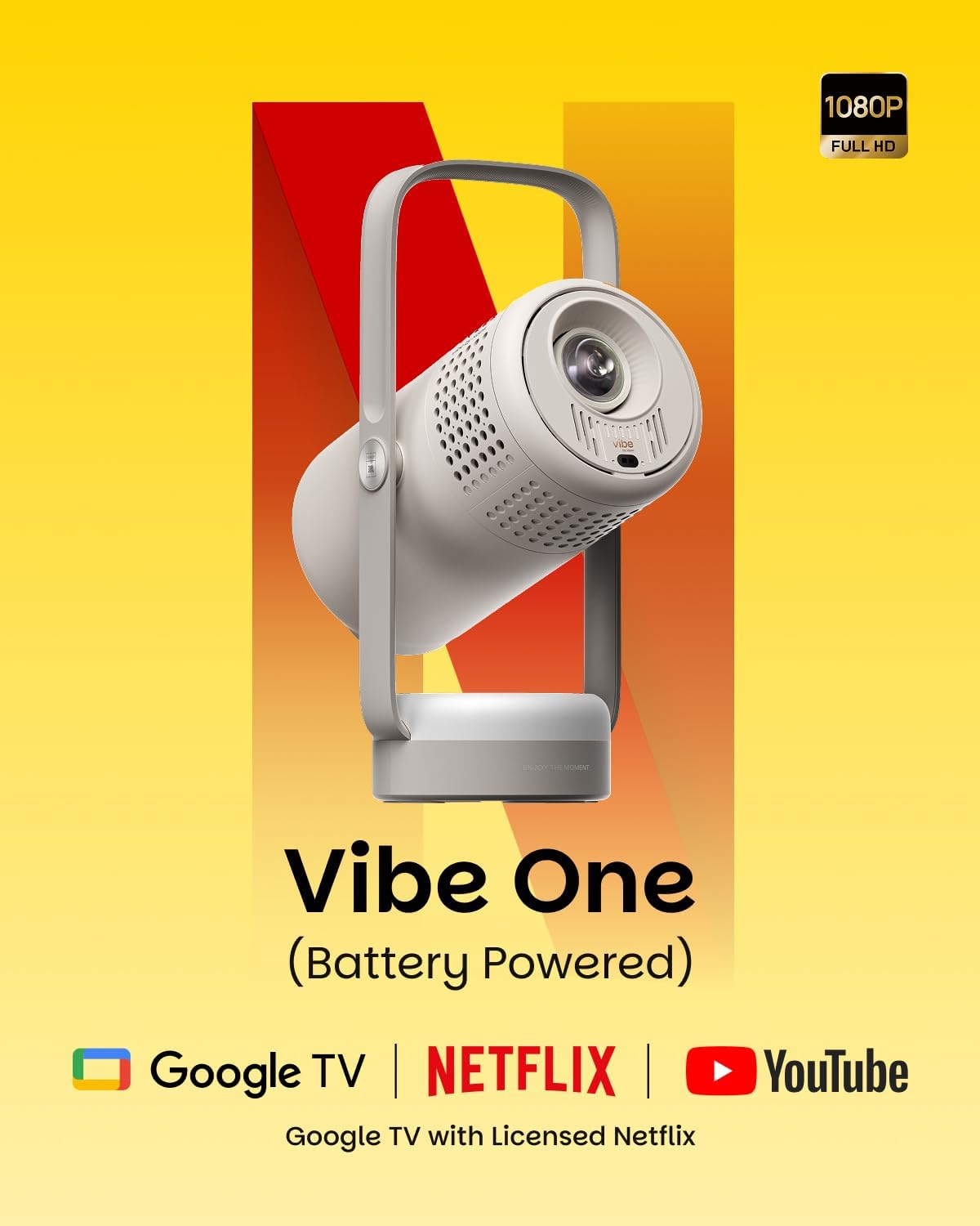 Vibe One Battery Powered Mini 1080P Smart Portable Projector,Google TV with Licensed Netflix, Sound by JBL, Built-in Battery, Auto Focus Auto Keystone, HD Outdoor Movie Projector(Cloud Ash) VB-Cloud Ash