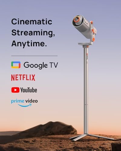 MoGo 4 2025 NEW Portable Projector with PowerBase Stand,with Outdoor Portable Projector Screen,5 Hours of Playtime, Google TV with Licensed Netflix, 360° Adjustable Stand, 450 ISO Lumens