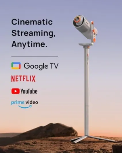MoGo 4 2025 NEW Portable Projector with PowerBase Stand,with Outdoor Portable Projector Screen,5 Hours of Playtime, Google TV with Licensed Netflix, 360° Adjustable Stand, 450 ISO Lumens