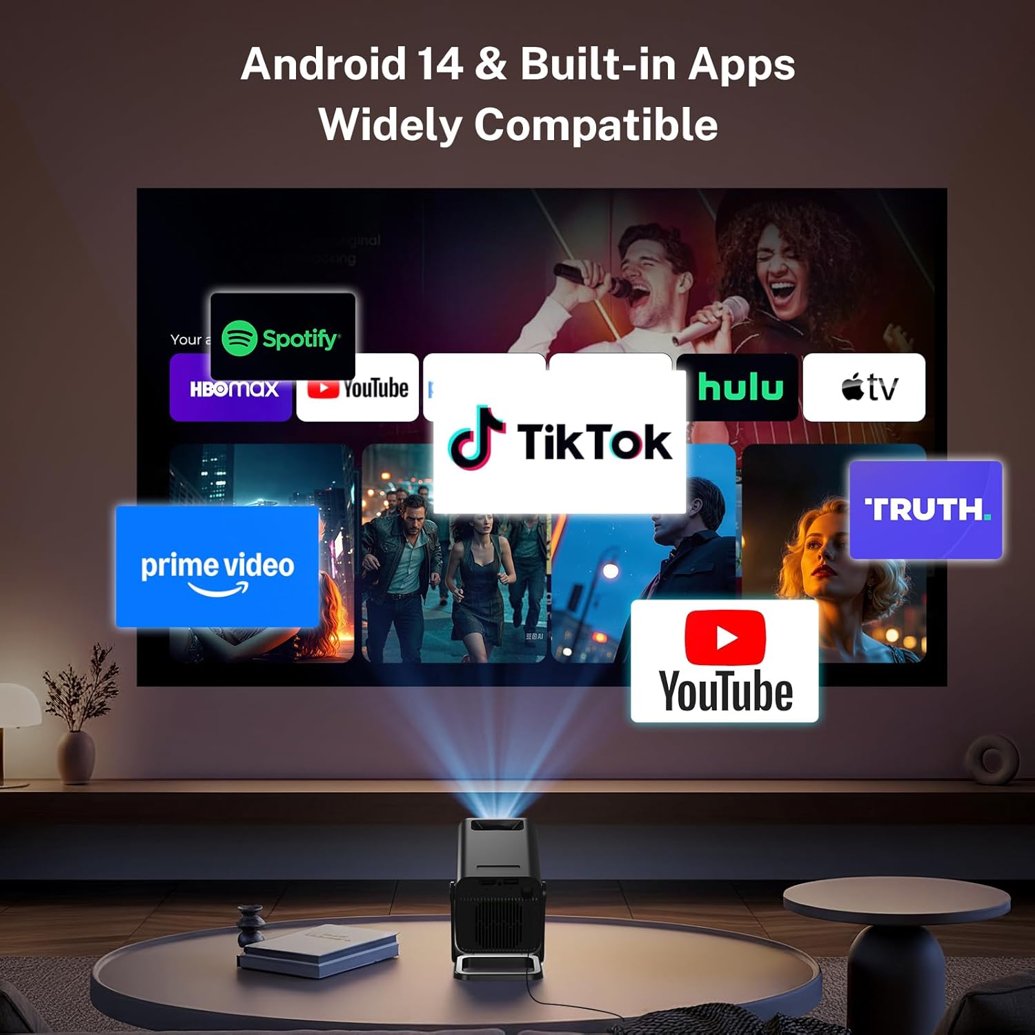 Mini Projector for Bedroom Portable WiFi 6 and Bluetooth 5.4, Built-in Apps Android 14 OS 1080P Support Ceiling Home Theater Auto Keystone 270° Rotatable Indoor Outdoor VisualCube 300 Black