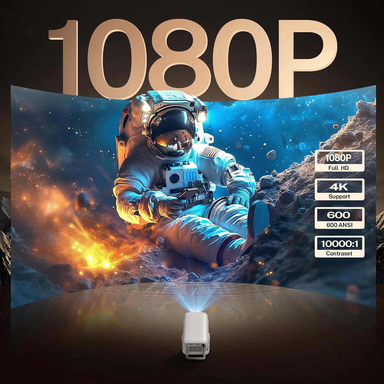 [Native 1080P/AI Auto Focus] Smart Projector for Bedroom, 600 ANSI 4K Support, WiFi 6 and Bluetooth 5.4, Android 11 OS Built-in Apps, Auto Keystone 270° Rotatable for Home Theater Outdoor Movie LumeCube 300