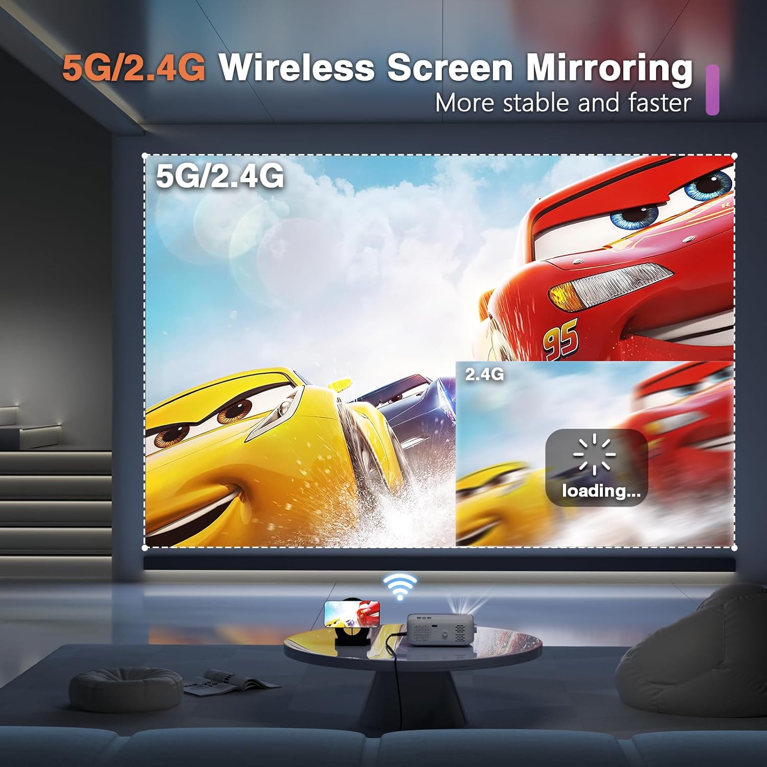 Mini Projector, VOPLLS WiFi Bluetooth 1080P Full HD 15000L Video Projector Portable Outdoor Home Theater Movie Projector, 50% Zoom, Compatible with HDMI, USB, AV, Smartphone/Tablet/Laptop/PC/TV Box