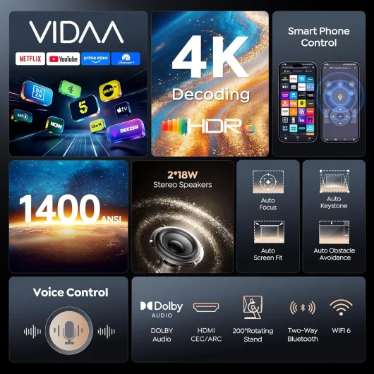 Projector 4K with VIDAA OS【Netflix Included & Live Channels】36W 3D Dolby Audio, 1400 ANSI FHD 1080P, HDR 10 TOPTRO Smart Home Cinema Projector, AI Auto Image, WiFi 6, Bluetooth Projectors for Bedroom Grey-Black