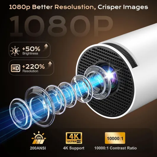 Projector, HD 1080P 4K Supported Mini Projector Auto Keystone & Focus 22000 Lumen 200 ANSI Bightness WIFI 6 & Bluetooth Home Theatre 200" 270° Rotatable Stand for Bedroom Outdoor Phone Grey