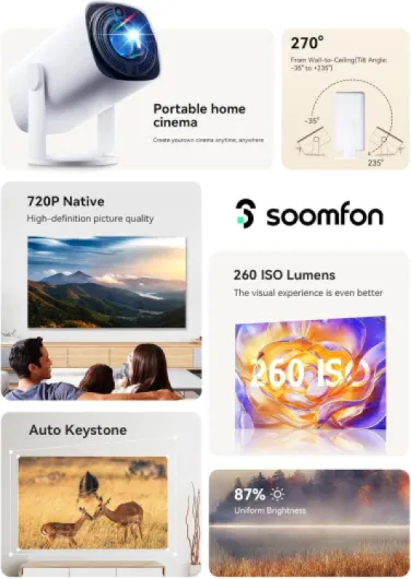 Mini Portable Projector 1080P Support - SOOMFON 720P Native Small TV Projector 270° Rotatable Auto Keystone, Bluetooth 5.1 for Bedroom/Home Cinema/Phone/TV Stick/USB/HDMI