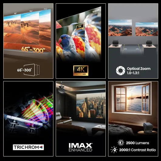 Laser Mini Projector C3, 65-300 Inch Projection Size, 4K, IMAX Enhanced, Optical Zoom 1.0-1.3:1, Pure Three-Colour Laser, 2500 Lumen Brightness, Dolby Vision, Sound by JBL, 3D, 240Hz, Gimbal