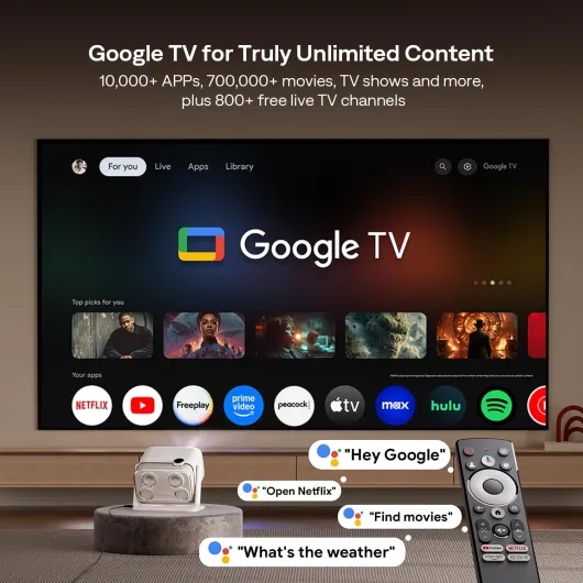 BOOM mini 4-in-1 Streaming Projector with Stand, Google TV Smart-Projector with WiFi and Bluetooth, Seamless Auto Focus & Keystone, 20W Speakers DoIby Audio 4K Supported (‎Off-white)