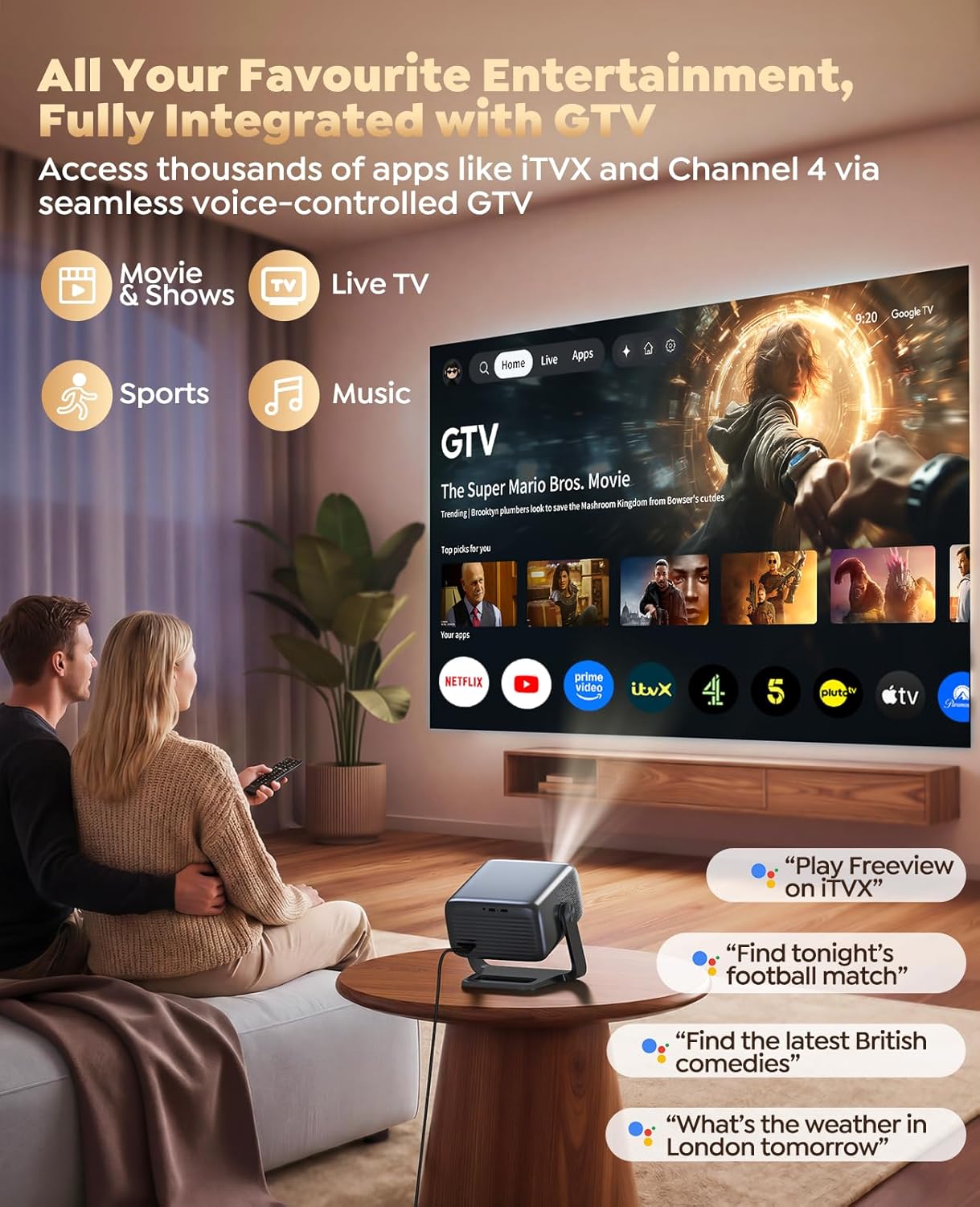 Smart Projector with Google TV, 1200 ANSI Native 1080P 4K Decode Home Cinema Projector Movie Short Throw with 360 Stand, 30W Speaker, AI Auto Focus, 6D Keystone, HDR10 Projectors for Bedroom, Outdoor Black