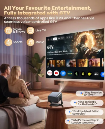 Smart Projector with Google TV, 1200 ANSI Native 1080P 4K Decode Home Cinema Projector Movie Short Throw with 360 Stand, 30W Speaker, AI Auto Focus, 6D Keystone, HDR10 Projectors for Bedroom, Outdoor Black